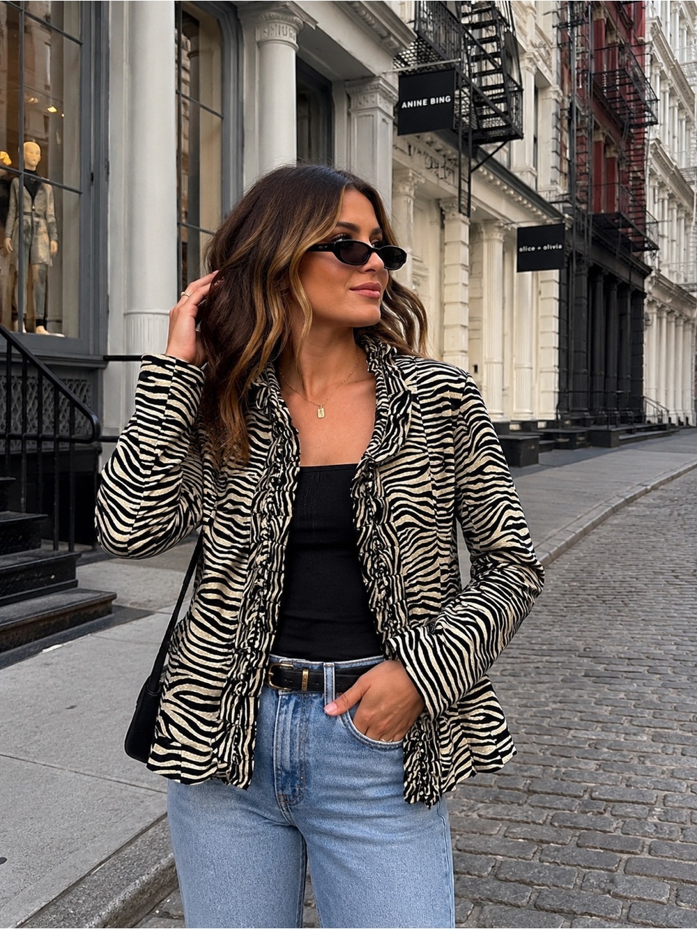 Live A Little Zebra Print Ruffle Front Jacket Blazer Black Beige Animal Print